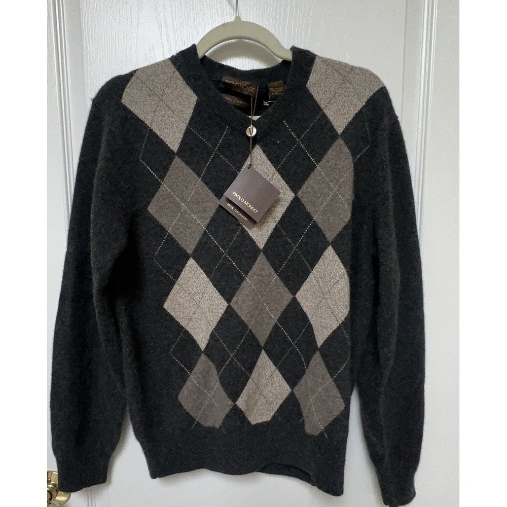 NWT Paolo Mondo Sweater 100 Cashmere Men S  Brown Argyle Diamond V-Neck Soft Lux